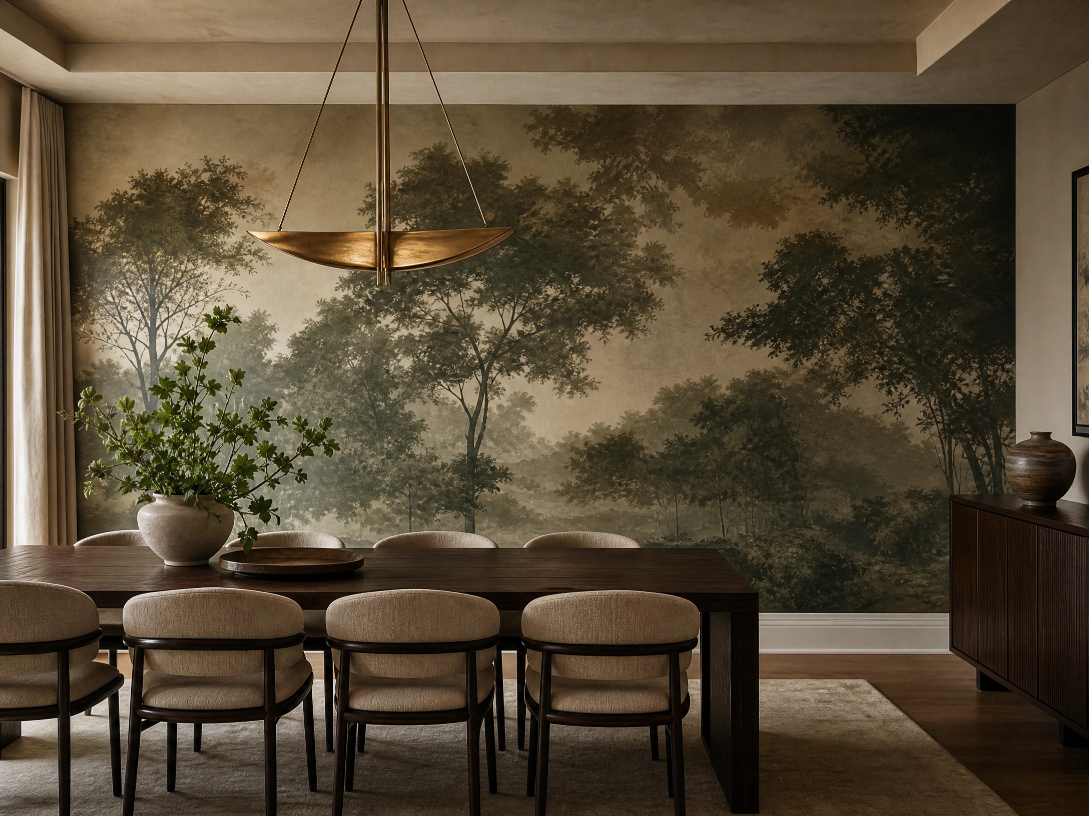 Dining room with deep olive mural wallpaper