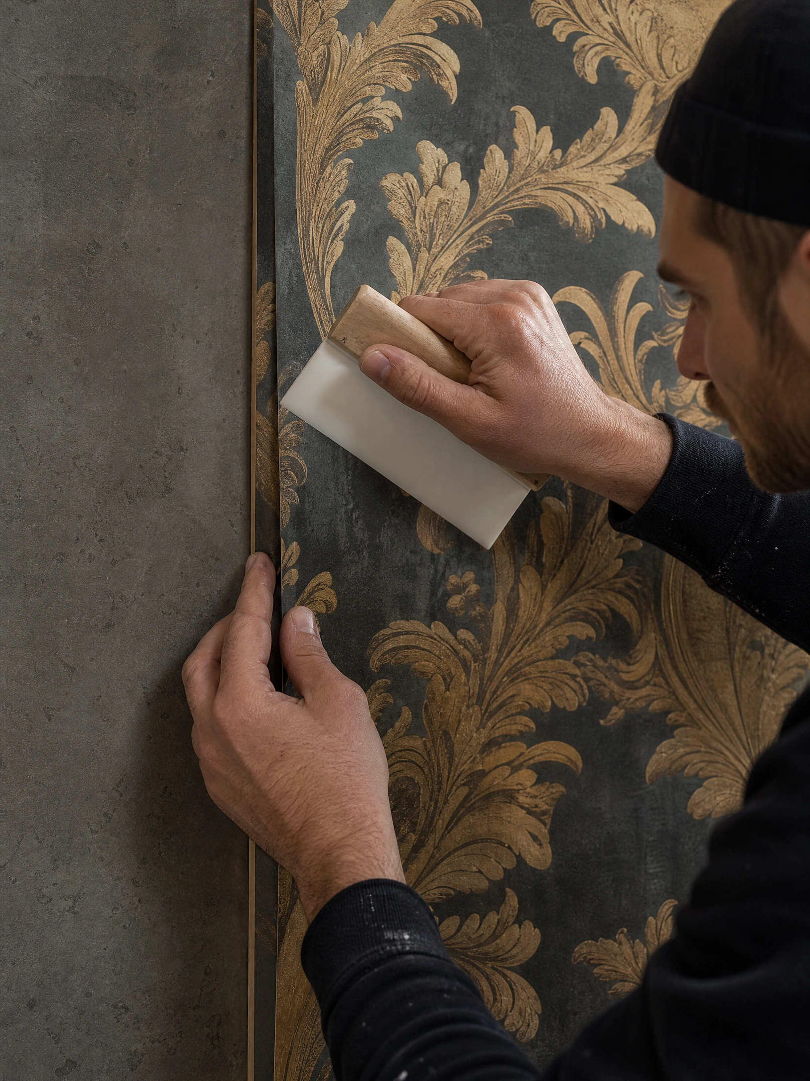 Installer smoothing a wallpaper panel into a corner