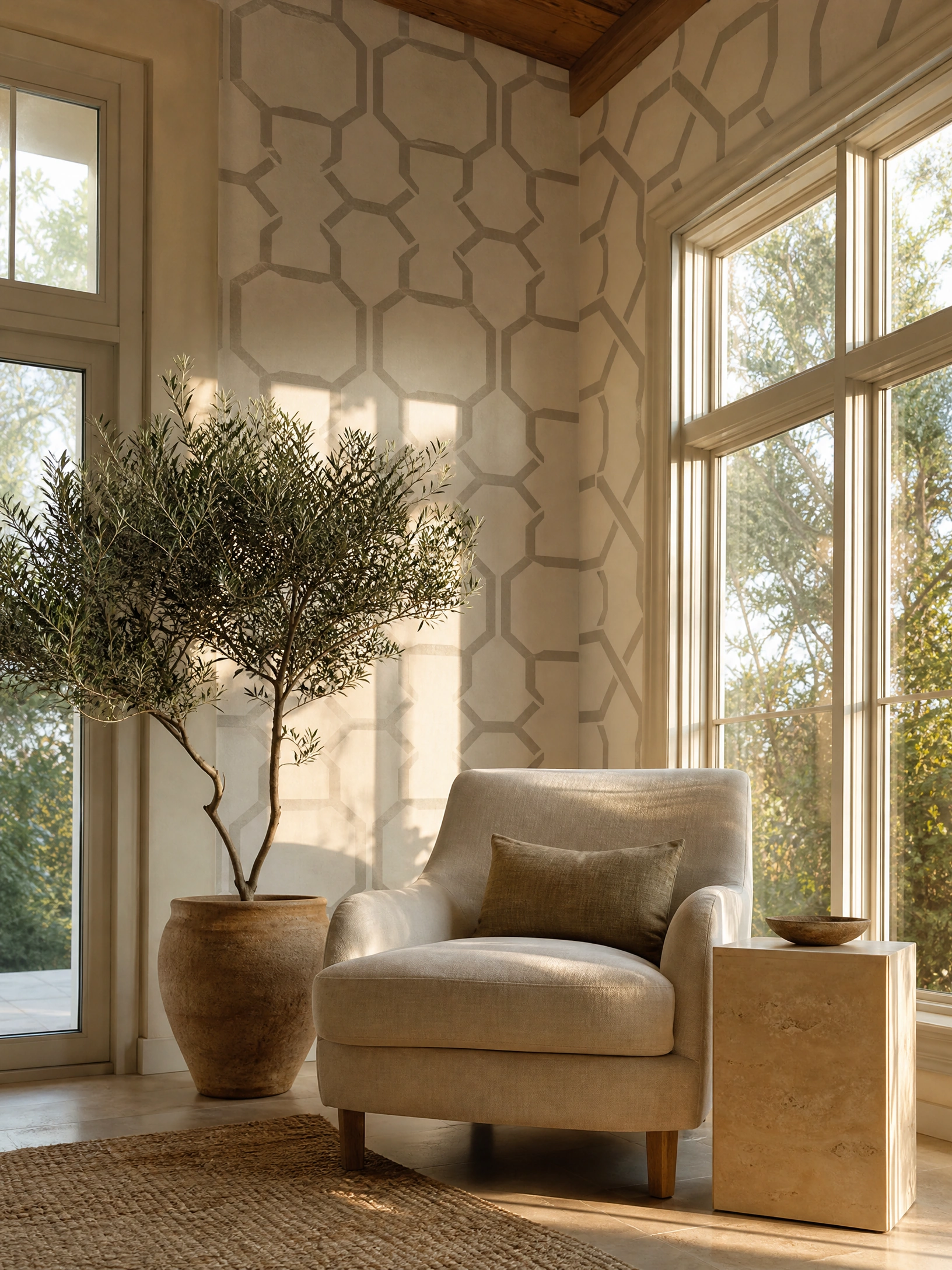 Sunroom with geometric wallpaper and linen chair